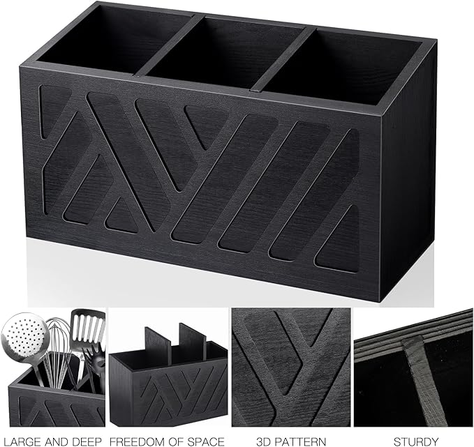 MINCORD Utensil Holder Caddy with 3 Compartments, Wooden Flatware Cutlery Storage Organizer Box Countertop for Silverware Fork Spoon Spatula
