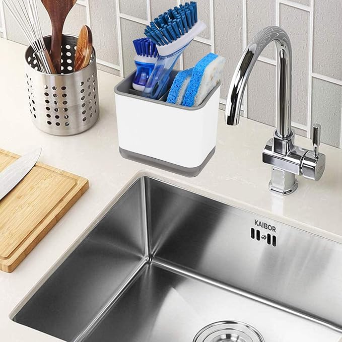 KeFanta Sink Counter Caddy, Plastic Dish Sponge Holder, Kitchen Brush and Scrubber Organizer with Drain Tray, White