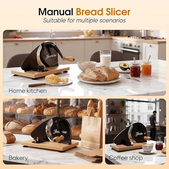 Manual Bread Slicer for Homemade Bread, Adjustable Thickness and Evenly Slicing, Sourdough Bread Slicer with Hand Crank, Clear Scale Line, Non-Slip Suction Base & Sharp Blade