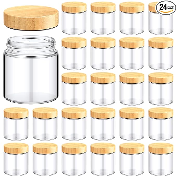 Norme 24 Pcs 8 oz Glass Jars with Lids Empty Small Glass Containers and Inner Liners Reusable Cosmetic Jars Round Airtight Bottles with Plastic Woodgrain Lids for Travel