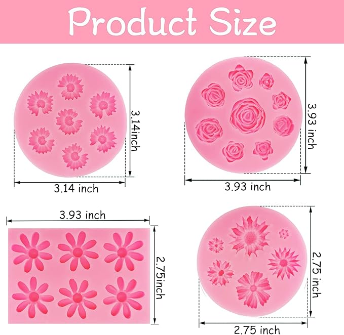 4Pcs Rose Flower Silicone Molds Daisy Chrysanthemum Silicone Molds Small Flower Shapes Fondant Cake Chocolate Molds Polymer Clay Resin Mold for Cake Decoration Candy Ice Cube Soap Wax Making DIY Craft