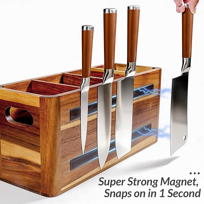 Wooden Kitchen Utensil Holder Organizer for Counter or Countertop, Large Wooden Utensil Holder 4 Compartment, Acacia Wood Container Extra Large.with Strong Magnets Multifunctional Storage Knife Holder