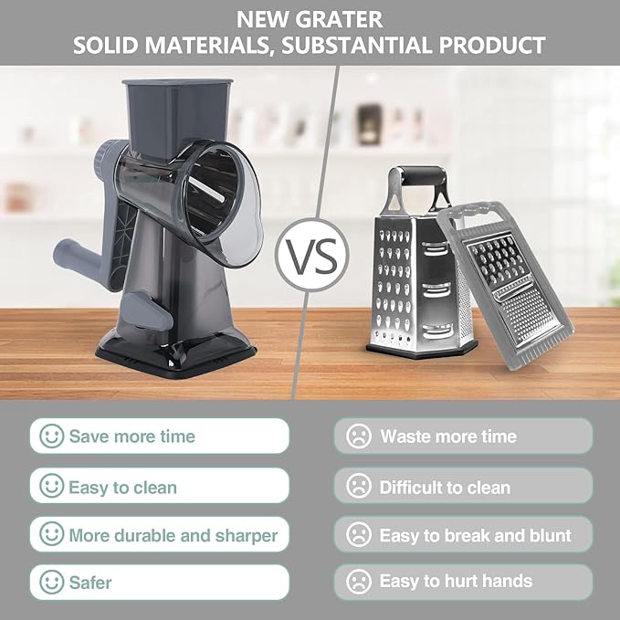 Rotary Cheese Grater Multi-Purpose Stainless Steel Shredder- Cheese Grater With handle Effortless Grating of Vegetables, Nuts and Fruits,with Suction Base and Cleaning Brush (gray)