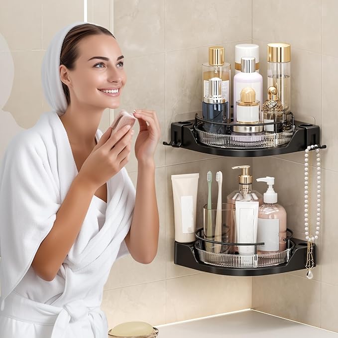 Oifecsie 360° Rotating Corner Shower Caddy (2-Pack) - Lazy Susan Bathroom Organizer with Hooks, No-Drill Adhesive Mount for Shower, Kitchen, RV, Space-Saving ABS Plastic Shower Shelf