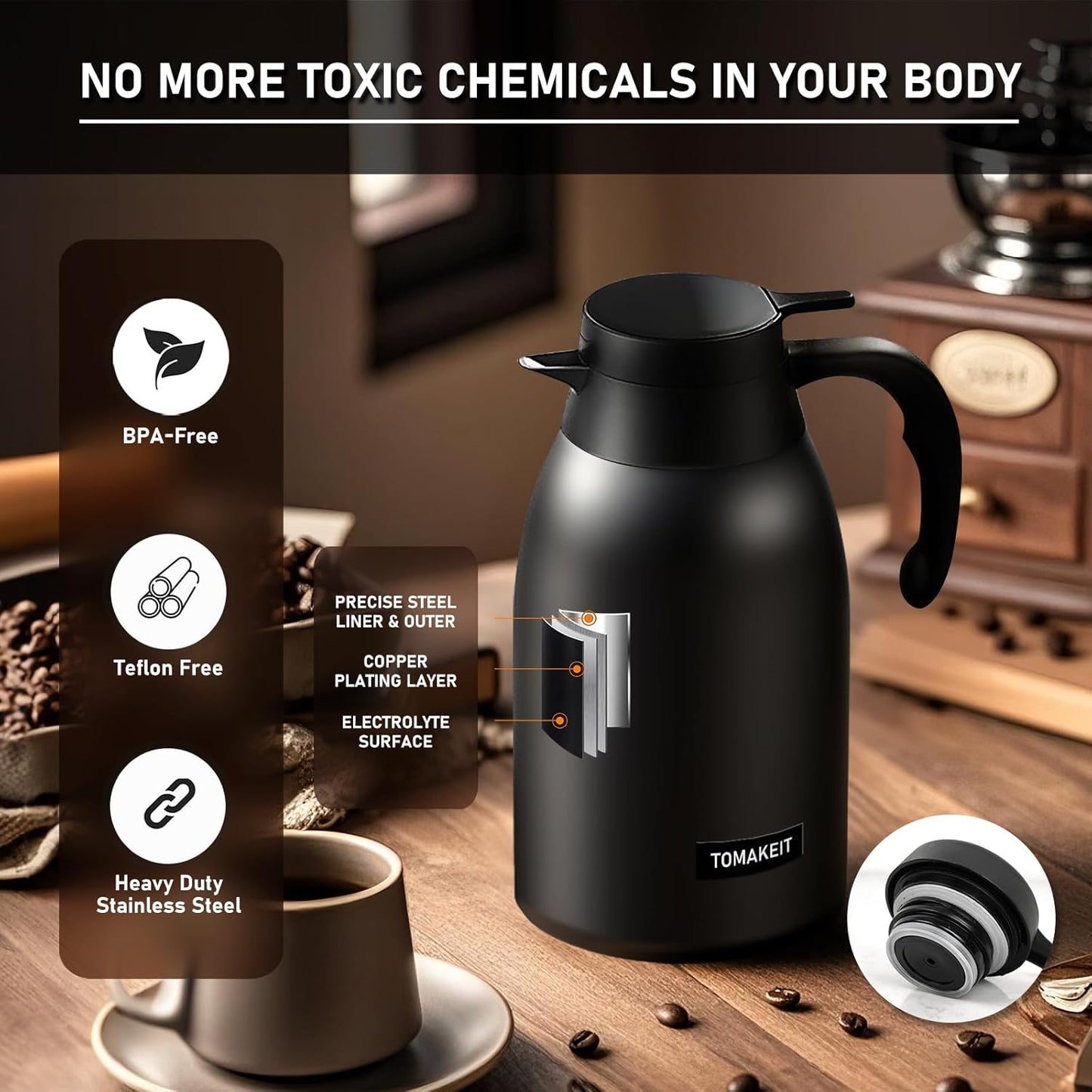 Thermal Coffee Carafe 2L/68 Oz Double-Wall Vacuum 304 Stainless Steel Insulated Thermoses Flask, 24-Hour Keeps Hot/Cold, Leak-Proof, for Travel, Work, Outdoor, BPA-Free, Easy to Clean