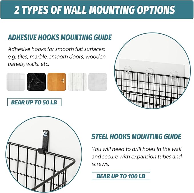 4 Set [EXTRA LARGE] Hanging Wall Mount Storage Baskets with Adhesive Hooks & Steel Hooks, Multiuse Sturdy Wire Metal Organizing Baskets for Home Kitchen Bathroom Pantry Utility Organizer, Black