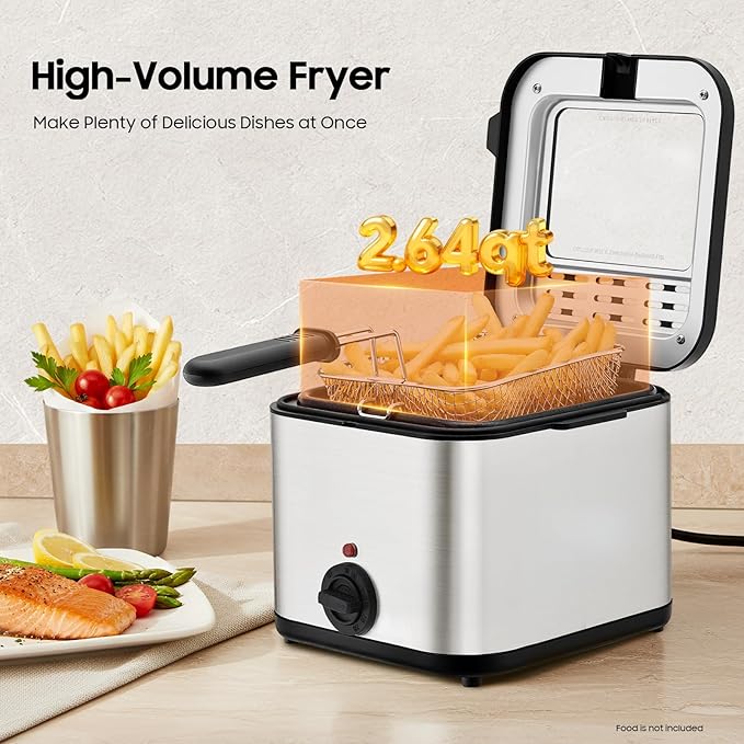 Deep Fryer with Basket, 2.5L Electric Deep Fryer, 1000W Electric Fryer with Viewing Window, Adjustable Temperature, Stainless Steel Body, For Make Various Fried Foods