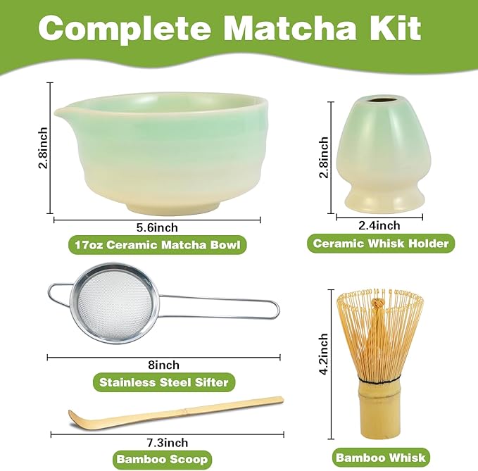 Matcha Whisk Set, Ceramic Matcha Bowl with Spout, Bamboo Whisk, Traditional Scoop, Chasen Holder, Powder Sifter, Japanese Tea Making Kit for Matcha Lovers Beginners Birthday Christmas Gift