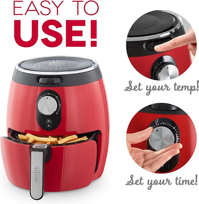 Dash Deluxe Air Fryer -Has AirCrisp® Technology - Adjustable Temperature Control & Auto Shut-Off Feature - Compact Nonstick Basket - 3 Quarts - Red