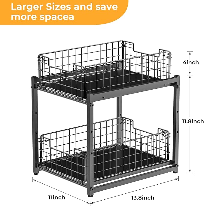 Under Sink Organizer, 2-Tier Pull Out Cabinet Organizer, Kitchen Bathroom Organizer and Storage, Spice Rack for Kitchen, Multi-use Sliding Drawers Shelves, Pack of 2