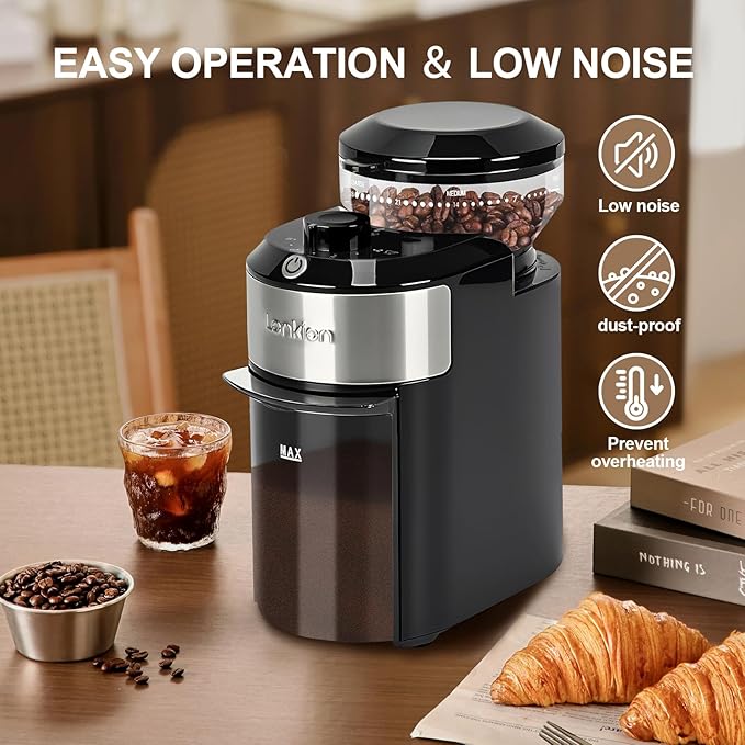 Lonkion Burr Coffee Grinder - Electric Coffee Bean Grinder with 28 Adjustable Grind Settings For 2-12 Cups - Adjustable Coffee Grinders for Home Use - Easy to Use - Stainless Steel