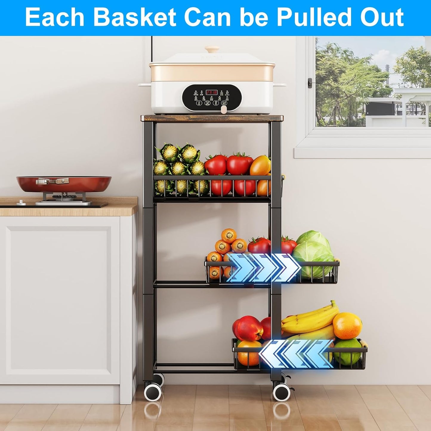Fruit Vegetable Storage Basket for Kitchen, 4 Tier Large Pull-Out Metal Wire Baskets with 3 Pack Mats Bottom, Wood Top and Wheels, Vegetable Produce Bins Stand Cart Rack for Onions and Potatoes