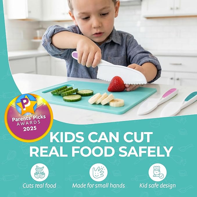 Tovla Jr Kids Safe Knife Set for Real Cooking | Toddler Knife Set with Chopper and Cutting Boards | Montessori Kitchen Tools with Visual Recipe Booklet | Ages 4 to 10