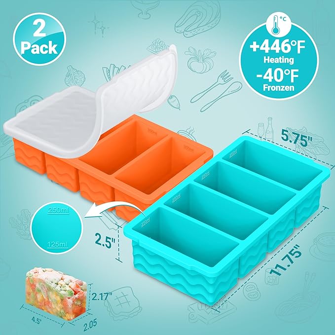 Doasuwish Silicone Freezer Tray for Soup with Lid – 1-Cup Soup Container Cube Style Ice Cube Trays for Freezer, Meal Prep & Food Storage, Freeze 250mL/125mL Portions – 2 Pack