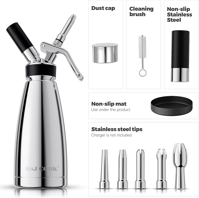 Whipped Cream Dispenser Stainless Steel Keep Warm and Cold,500mL/1 Pint Double Wall Thermos Whipped Cream Maker,5 Various Stainless Decorating Nozzles,1 Cleaning Brush,N2O Chargers NOT Included