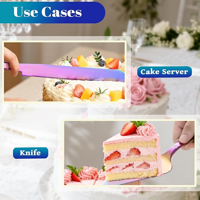Eisinly Cake Cutting Set for Wedding, Elegant Cake Knife and Server Set with Thickened Stainless Steel Rounded Edges, Cake Cutter and Pie Spatula for Birthday Anniversary, 2 Pcs, Multipurple