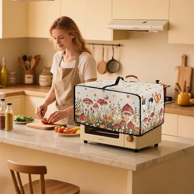 Air Fryer Toaster Oven Cover Fabric Convection Oven Cover with Pockets, Washable Small Appliance Dust Protection for Kitchen Home, M, 16.5 x 20.5 x 10 inches, Mushroom Floral