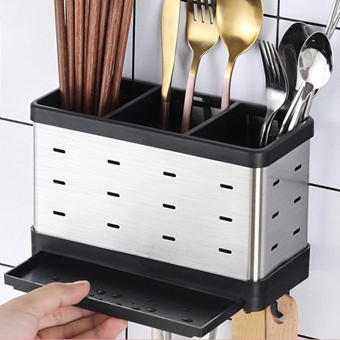 Wall Mount Utensil Holder, Stainless Steel Hanging Utensil Drying Rack Silverware Cutlery Organizer for Spoons, Forks, Chopsticks