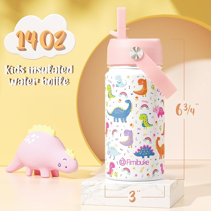 Fimibuke Kids Insulated Water Bottle, 14oz BPA FREE 18/8 Stainless Steel Travel Tumbler Double Wall Vacuum Leak Proof Kids Cup with Straw Metal Bottle for School Boys Girls(1 Pack, WHITE DINOSAUR)