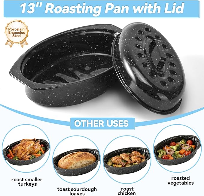 13" Roasting Pans for Ovens Porcelain Enameled Steel Oval Roaster Pan with Domed Lid for Small Turkey, Chicken, Vegetable, Lamb, Sourdough Bread