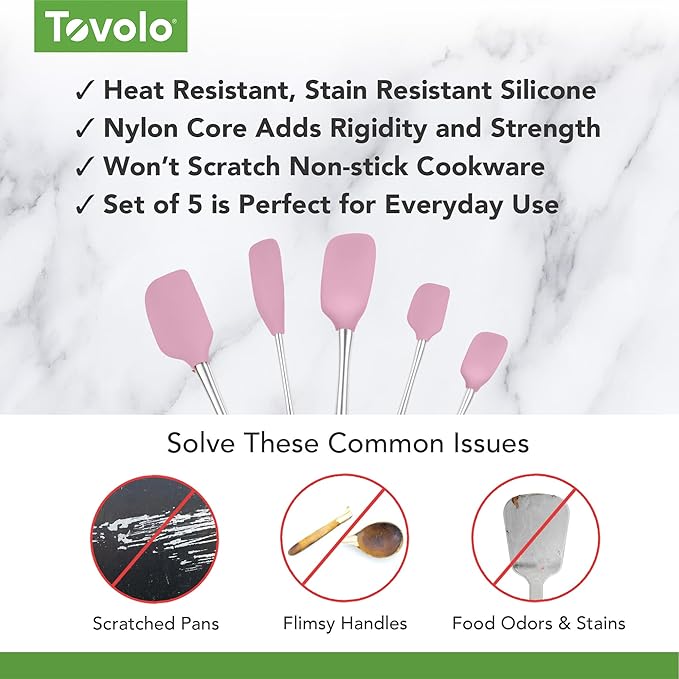 Tovolo Stainless Steel Handled Silicone Spatula Set of 5 Pink Sorbet, Dishwasher Safe Kitchen Spatula Set for Cooking Baking, Non Toxic BPA Free Silicone Spatula set with Metal Steel Handle