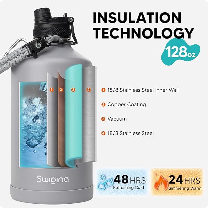 Swigina [2-IN-1 LID] Gallon Insulated Water Bottle with Silicone Boot (48hrs Cold/24hrs Hot) - DIY Stickers, Leakproof, BPA Free, 128 oz