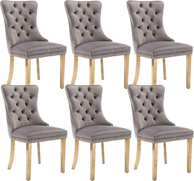 Grey Velvet Dining Chairs Set of 6, Upholstered Dining Room Chairs with Back Ring Pull Trim and Golden Stainless Steel Legs,Modern Kitchen Chairs for Dining Room,Living Room,Kitchen(Grey)