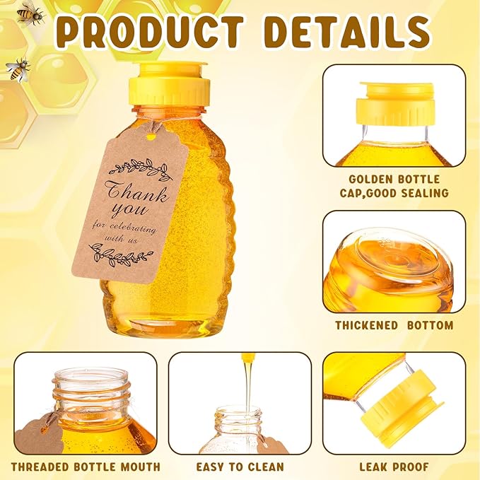 Sliner 36 Set 16 oz Clear Honey Squeeze Bottle Plastic Honey Jars with Leak Proof Flip Top Lid and Thank You Tag Honey Container Empty Refillable Maple Syrup for Storing and Dispensing