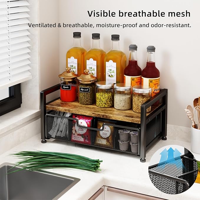 Tea Bag Organizer with 8-Compartment Mesh Drawer, Wood & Metal Holder Storage Chest for Countertop, Multi-Functional Coffee and Tea Station Box Caddy Display Rack for Kitchen Pantry, Rustic Brown