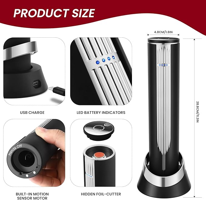 BLUBYEES Electric Wine Bottle Opener with Charging Base & Built-in Foil Cutter – Rechargeable Intelligent Touch-Activated Automatic Corkscrew – Luxury Christmas Wine Gifts for Women, Men, Seniors