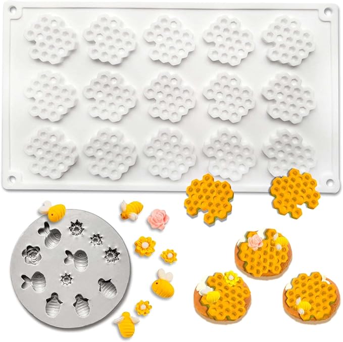 2PCS 15 Cavity Honeycomb Mold & Bee Silicone Tuile Molds,Honey comb Baking Mold,3D Beehive Candy Silicone Honey Fondant Molds,Chocolate silicone baking set Sugar Bees for Cake Decorating
