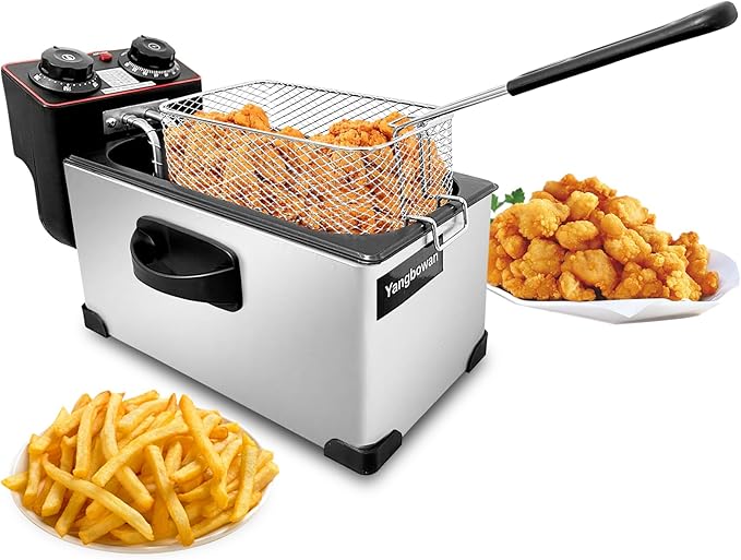 3L Deep Fryer with Basket for Home, 1300W Electric Small Deep Fryer with Temperature Control, Timer Control, View Window Lid, Stainless Steel Body for Restaurant Use