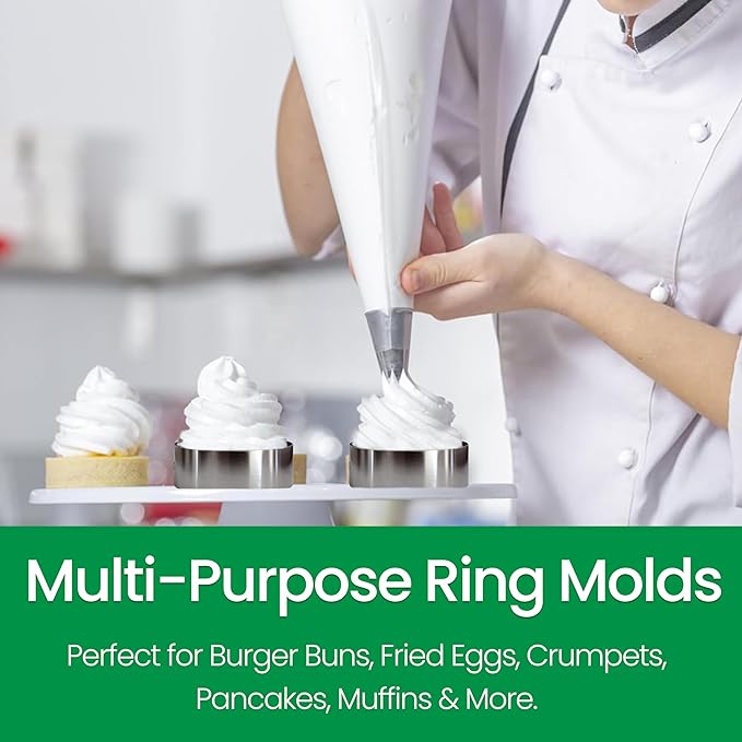 NOSSIDO 8-Piece 304 Stainless Steel Burger Bun Ring Mold Set - 4.5" & 4.4" Diameter - Perfect for Buns, Eggs, Pancakes, Mini Quiches, Desserts, and More | Durable, Versatile, and Ideal for Professional & Home Kitchens