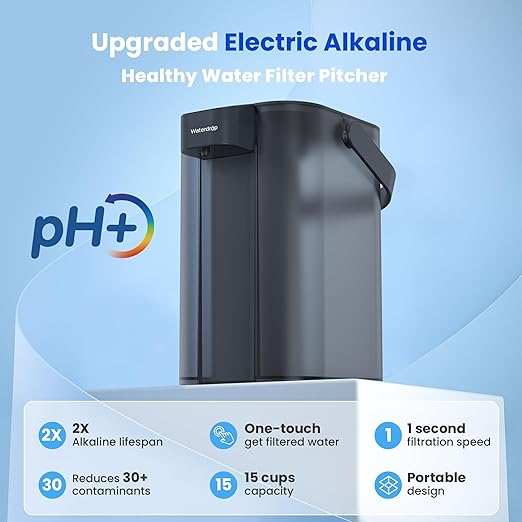 Waterdrop ED01AB Electric Water Filter Pitcher, Alkaline Rechargeable Water Dispenser, with 1 Filter, Instant 200-Gallon 15-Cup Countertop Purifier, Reduce PFOA/PFOS, Chlorine, Lead, Blue