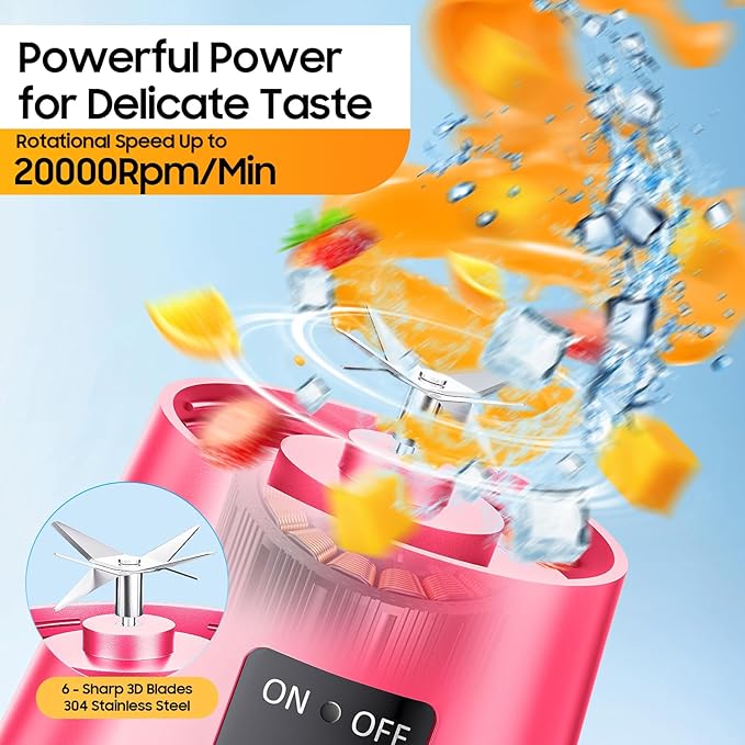 Portable Blender for Smoothies & Shakes - Cordless Personal Size Blender with 6 Blades, 380Ml Juice Cup, Lightweight & Rechargeable, Freshly Squeezed for Picnic/Sports/Office