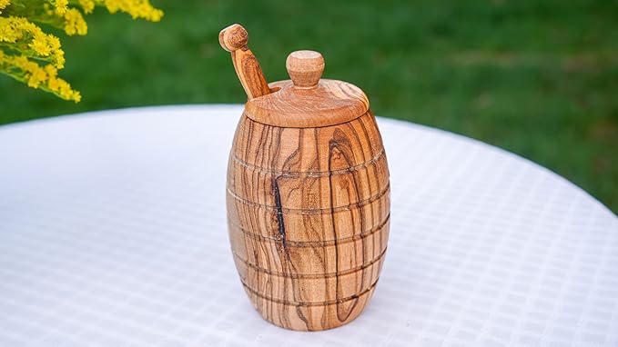 Lipper International Olive Wood Honey Pot with Cover, 3" x 2.5" x 5"