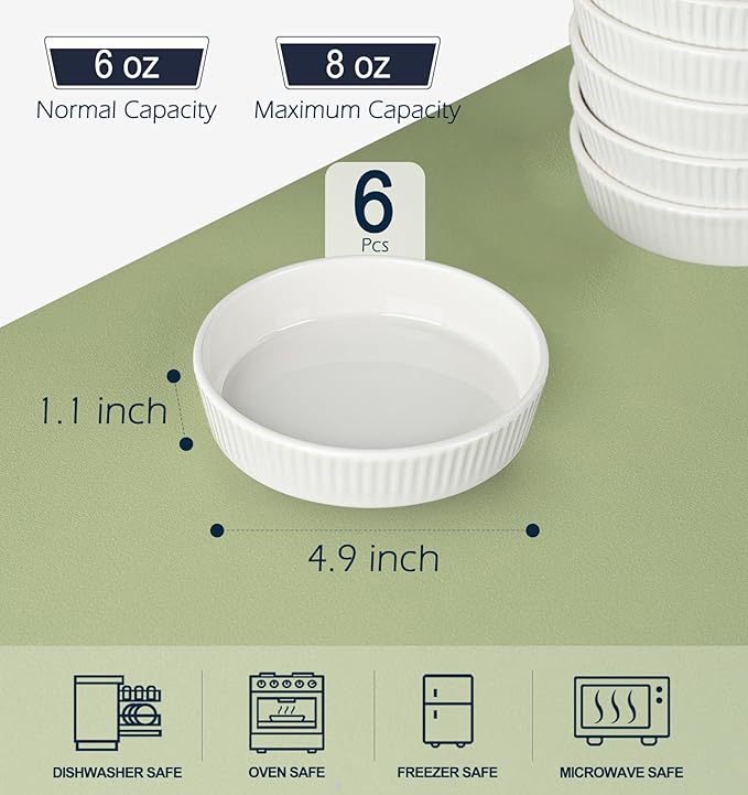Ramekins 8 oz Oven Safe Set of 6 - Ceramic Creme Brulee Dishes, Souffle Cups, Individual Quiche Baking Dish, Food-Safe White Pudding Bowls for Kitchen, Stackable and Dishwasher Safe