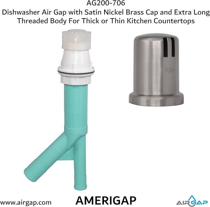 Dishwasher Air Gap with Skirted Satin Nickel Brass Cap and Extra Long Threaded Body for Thick or Thin Kitchen Countertops (AG200-706, AG200-X06, AMERIGAP)