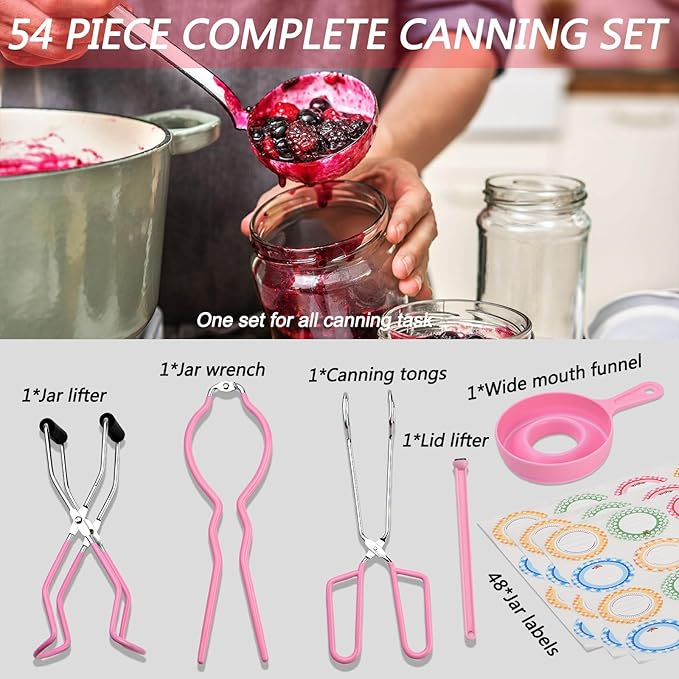 Home Canning Supplies Starter Kit, Food Grade Stainless Steel Canning Tools with Jar Lifter Tongs, Funnel, Labels, Magnetic Lid Lifter, Essential Canning Accessories Equipment Set for Beginners, Pink
