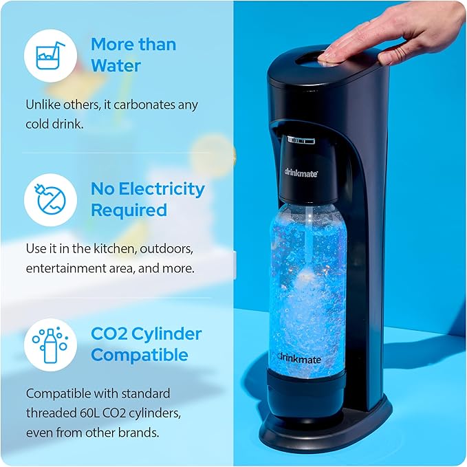 Drinkmate OmniFizz Sparkling Water Maker & Soda Streaming Machine | Carbonates Any Drink | PREMIUM KIT | Includes Four 60L CO2 Cartridges + One BPA-Free Bottle (Matte Black)