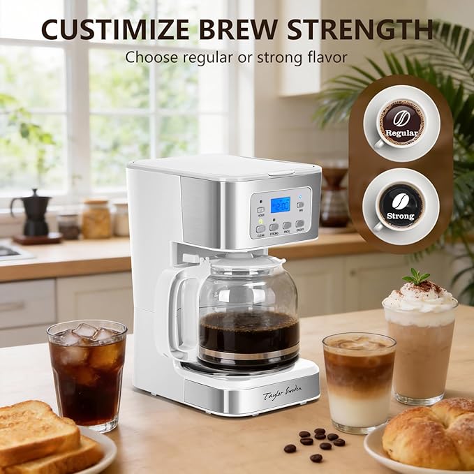 Taylor Swoden 12-Cup Programmable Coffee Maker, Regular & Strong Brew Drip Coffee Machine for Home and Office, Glass Carafe, Pause & Serve, Auto Shut Off, White & Stainless Steel