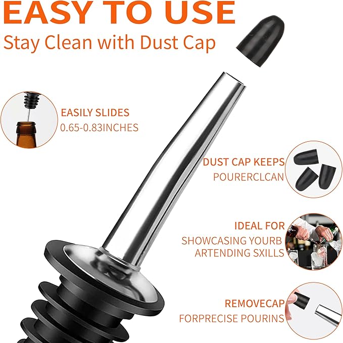 48PACK Stainless Steel Pourers Spouts for Liquor Bottles,Liquor Pour Spout With Dust Caps,Bottle Pourers for Alcohol, Olive Oil - Speed Pourers, Bar Bartender Accessories