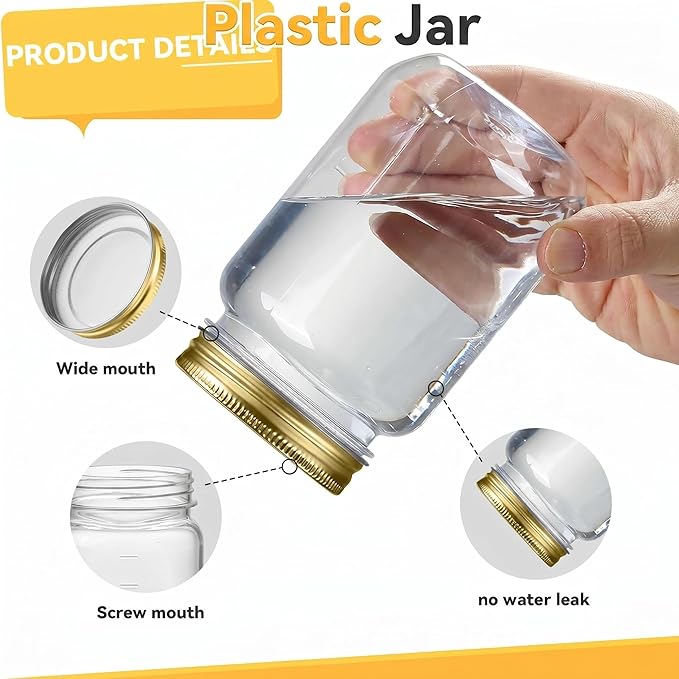 novelinks 16 oz Clear Plastic Jars with Lids, Refillable 16oz Mason Jars with Lids & Storage Containers for Kitchen & Household Use (5 Pack,Gold)