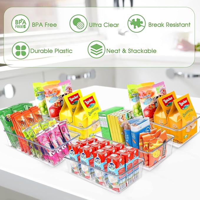 Snack Organizer for Pantry Shelf, 2 Pack Clear Plastic Pantry Storage Bins with 3 Dividers for Snacks, Spices, Chips Food Organizer, Stackable Pantry Organizers for Kitchen, Fridge, Cabinet