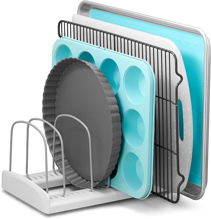 YouCopia StoreMore Bakeware Rack with Tall Steel Wires, Adjustable Pan and Lid Organizer, Classic Edition – White, Alloy Steel & Plastic, 11.5”W x 7.3”D x 6.4”H, Customizable Shelf