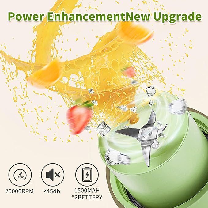 Slim Portable Blender Cup, 20oz (600ml) Personal Travel Juicer with Leakproof Lid, USB-C Rechargeable Licuadora Portatil for Smoothies and Shakes, Auto-Cleaning(green)
