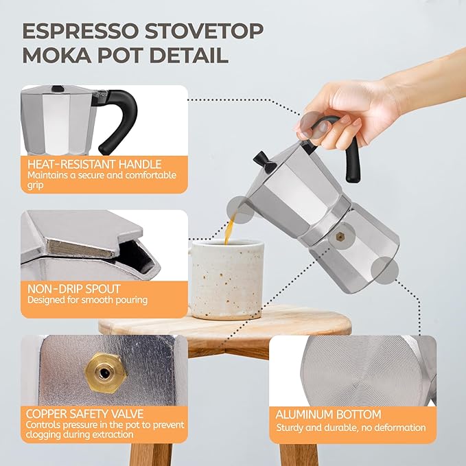 Aluminum 6 Cup 300ml Moka Pot Express Coffee Maker Stovetop Espresso Percolator Coffeemaker Italian Classic Style Brewing Greca Cafe Mocha Machine for Cafeteras Lover Camping Travel and Home Use 10oz