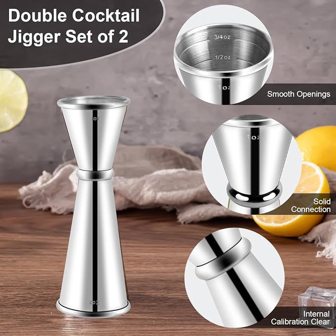 Briout Jigger and 2 Pourers, Double Cocktail Jigger Japanese Premium 304 Stainless Steel Jigger 2 OZ and 1 OZ with Measurements Inside