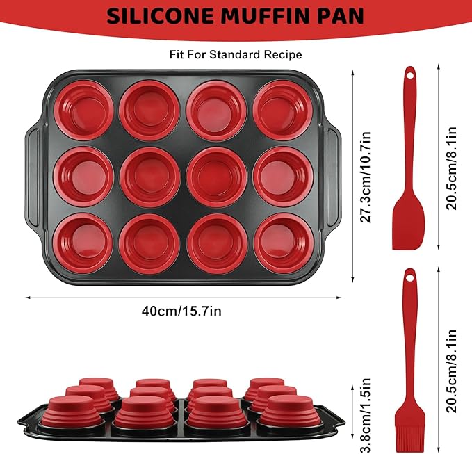Silicone Muffin Pan Set, Reinforced Metal Frame Cupcake Baking Pan with Brush & Scraper 12-Cup Muffin Tin, Silicone Muffin Pan for baking for Toast Cupcakes Brownies Canele Mold Oven Dishwasher Safe