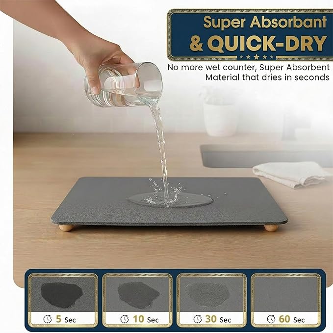 Stone Drying Mat for Kitchen Counter with 5 Wooden Feet, 19.7"×14.7" Diatomaceous Earth Dish Drying Mat, Elevated Drying Stone Mat for Modern Kitchen Countertop (Dark Gray, Standard-Solid)